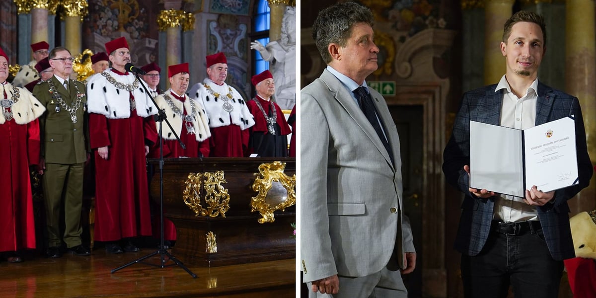 Zdjęcie dzielone na pół: po lewej naukowcy w togach w Auli Leopoldina; po prawej Ryszard Kessler, wiceprezydent Wrocławia wręcza stypendium laureatowi Studenckiego Programu Stypendialnego.