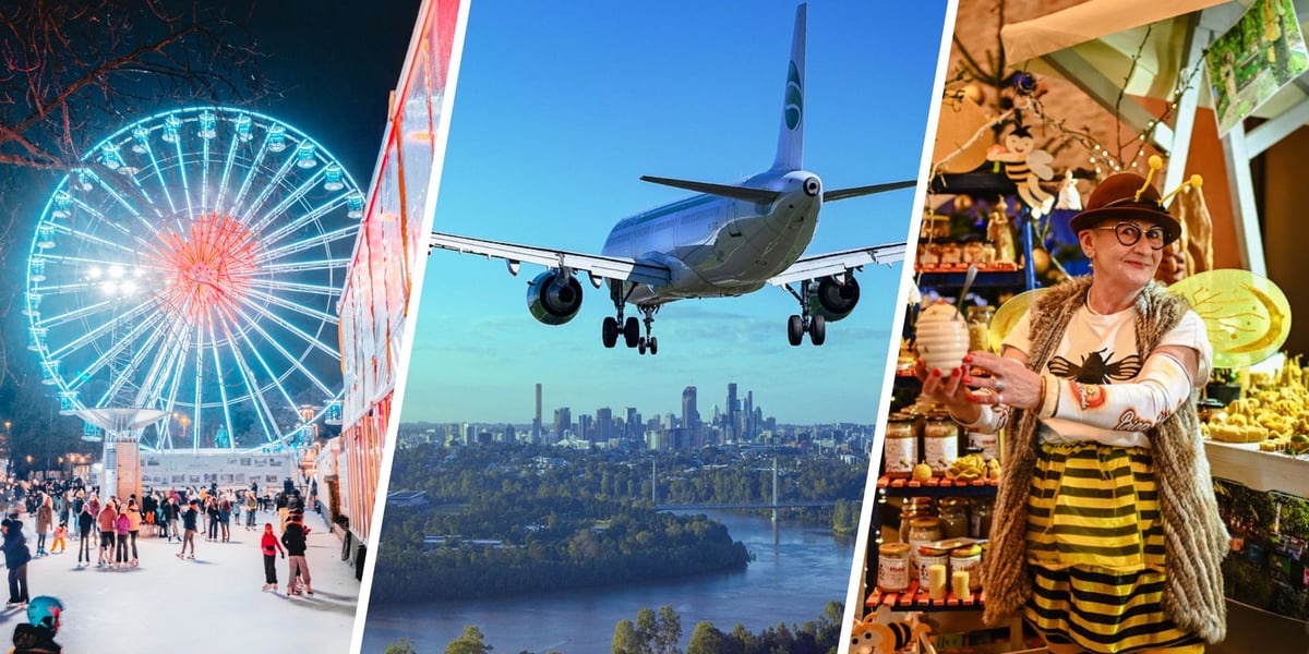 Koło na jarmarku w Oslo, lecący samolot i handlarka z produktem na jarmarku w Gdańsku