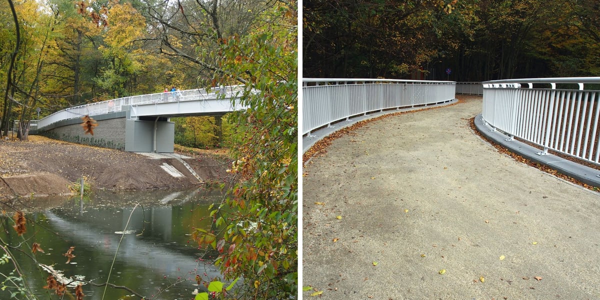 Zdjęcie podzielone na pół: po prawej widok z brzegu na nową kładkę nad Widawą; po prawej - zjazd zabezpieczony barierkami z kładki nad Widawą na teren gminy Oborniki Śląskie.