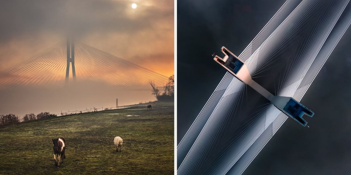 Kolaż dwóch zdjęć z mostem Rędzińskim, które znalazły się w finale konkursu National Geographic: z lewej "nowy początek", z prawej "perfekcyjna symetria".