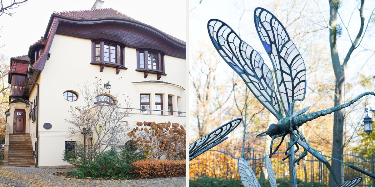 Widok na willę ul. Powstańców Śląskich 202 i ważki (instalacje) stojące w przydomowym ogrodzie