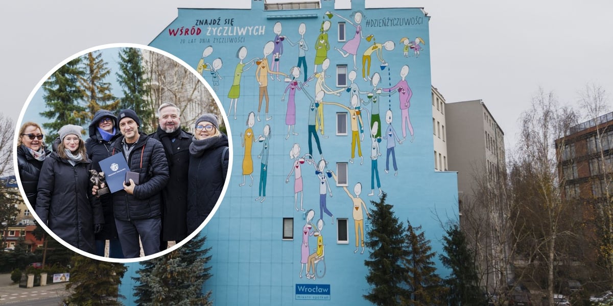 Na dużym zdjęciu mural Andrzeja Tylkowskiego na budynku przy Krakowskiej 25/27, na małym zdjęciu nagrodzony Andrzej Tylkowski z nagrodą