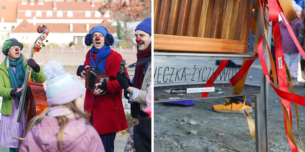 Muzykanci i fragment Ławeczki Życzliwości na bulwarze Dunikowskiego, 21 listopada (Dzień Życzliwości) 2025