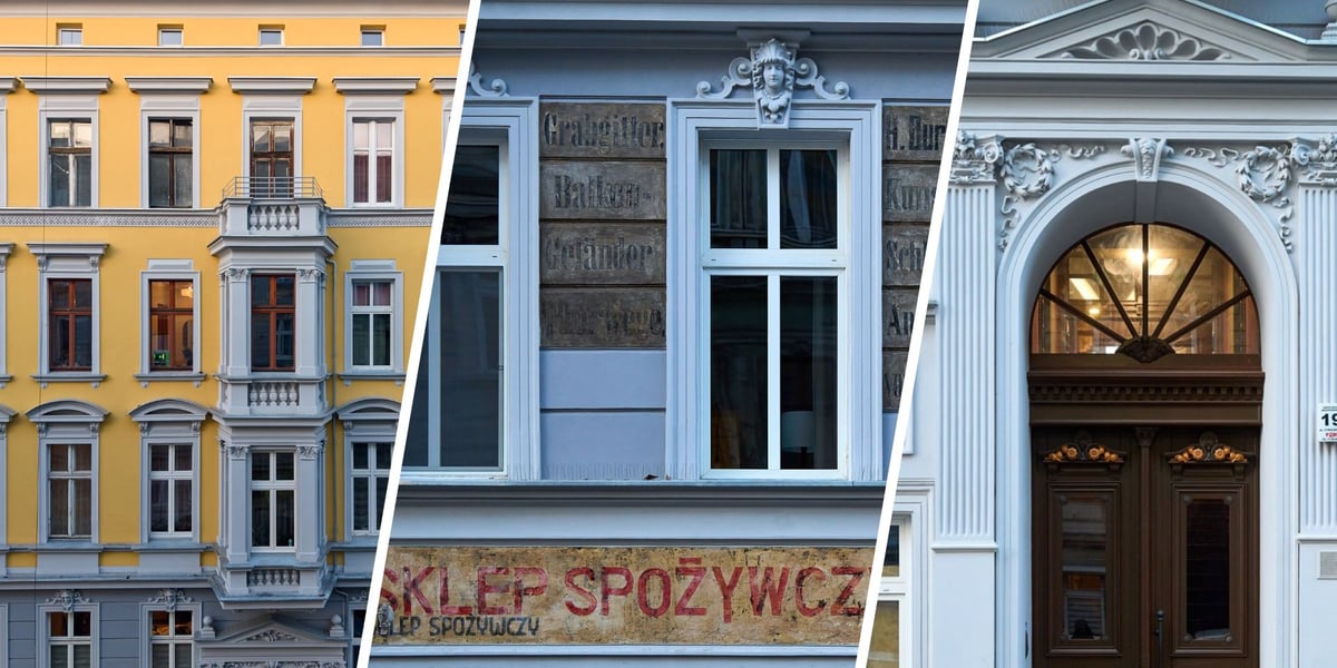 Widok na wyremontowaną fasadę, odnowione napisy i drzwi w portalu kamienicy wspólnotowej Cybulskiego 19, listopad 2025