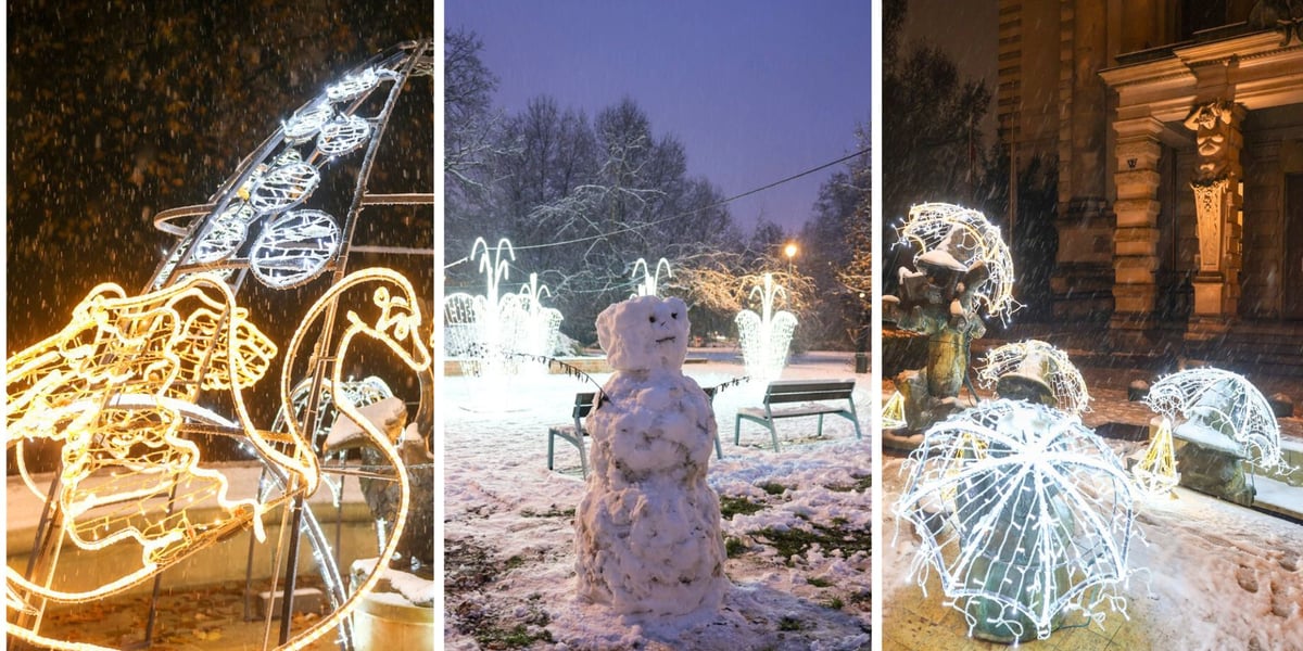 Podświetlone fontanny we Wrocławiu – z lewej w parku Staromiejskim, w środku w parku Węgrzynowskiego, z prawej przed Teatrem Lalek