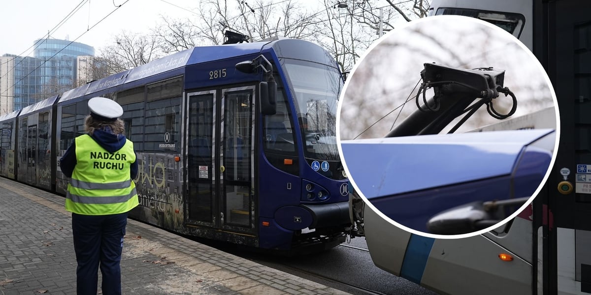 Zdjęcie przedstawiające tramwaj z uszkodzonym pantografem, z nałożonym mniejszym okrągłym zdjęciem pokazującym pantograf. Awaria wagonu na ul. Podwale.