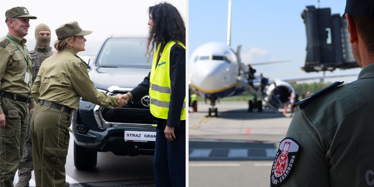 Kobieta i dwóch mężczyzn w mundurach straży granicznej. Samolot i funkcjonariusz służby celno - skarbowej. Anna Żabska, wojewoda dolnośląska przekazała na wrocławskim lotnisku nowe samochody dla straży granicznej.