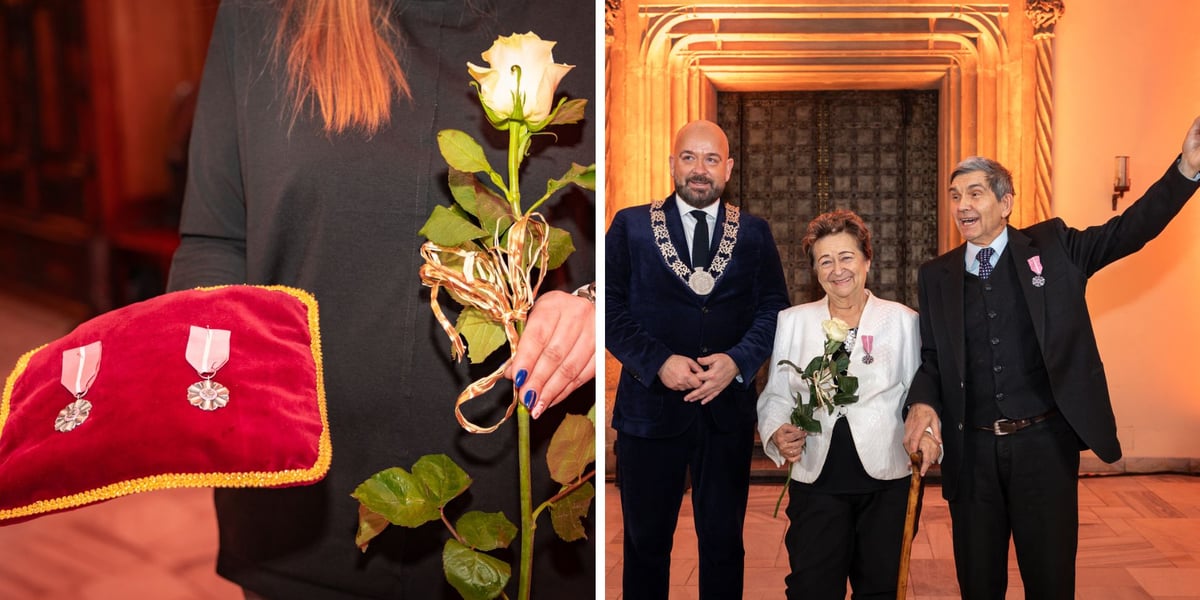 Zdjęcie dzielone na pół: z lewej odznaczenia na aksamitnej poduszce; po prawej prezydent Jacek Sutryk i jedna z par odznaczonych za co najmniej 50-letni staż małżeński.