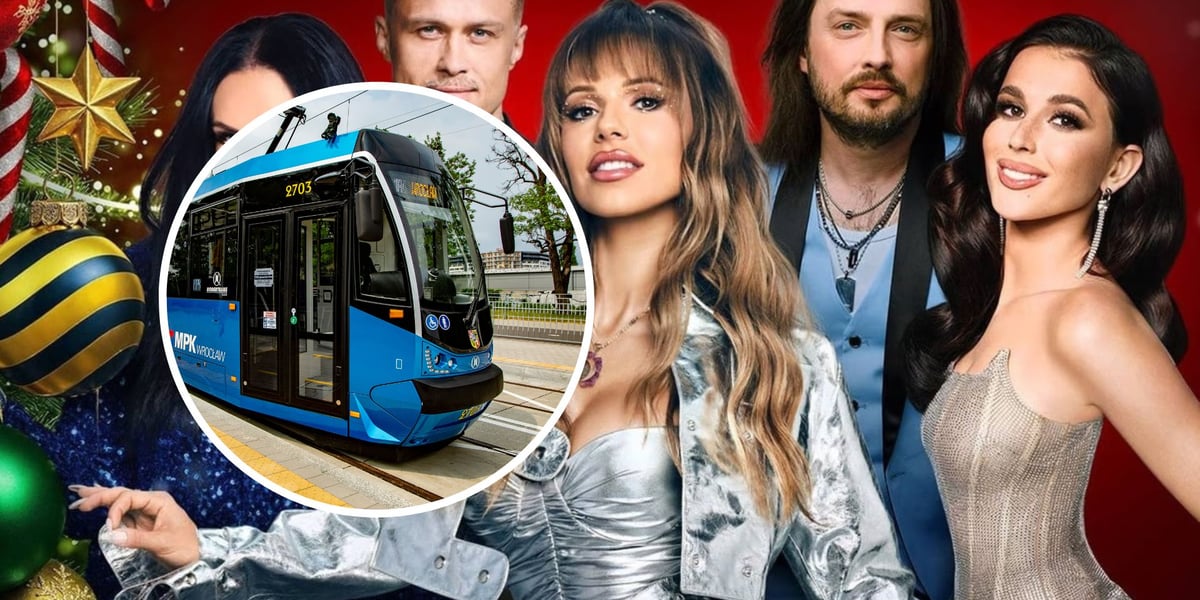 Duży obrazek to plakat promujący koncert. Na małym tramwaj MPK Wrocław  