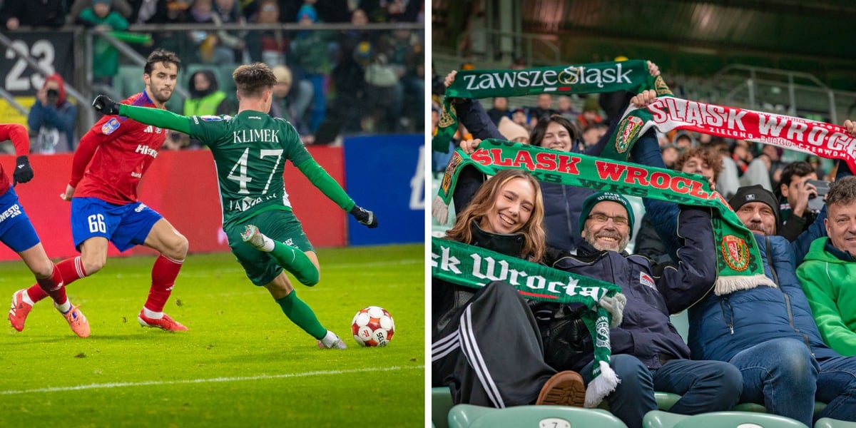 Zdjęcie dzielone na pół: po lewej piłkarze na boisku podczas gry - mecz Śląsk Wrocław - Raków Częstochowa; po lewej - kibice z szalikami klubowymi na trybunie Tarczyński Arena.