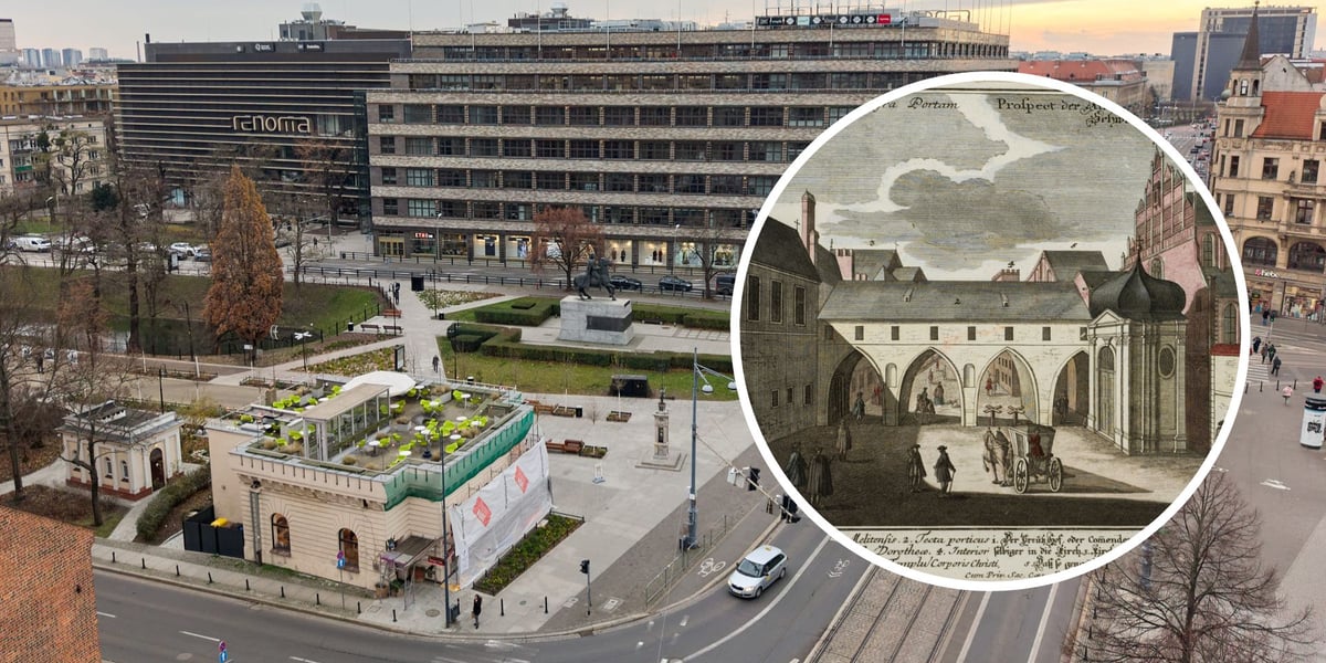 W tle widok z drona na ulicę Świdnicką i zabytkowy odwach, w którym mieszczą się dziś galeria sztuki i kawiarnia. W kółku: fragment ryciny z XVIII wieku przedstawiający wnętrze tzw. trzeciej bramy Świdnickiej.