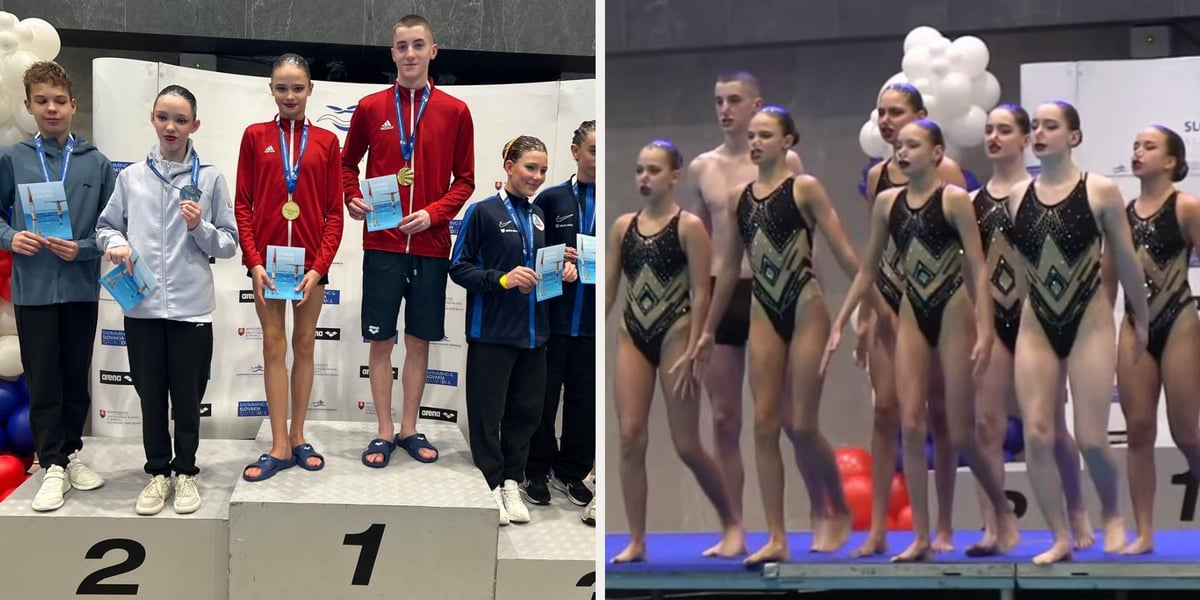 Chłopcy i dziewczęta. 1. na podium Amelia Mianowska i Kacper Kasprzyk, KS Pływanie Artystyczne Wrocław
