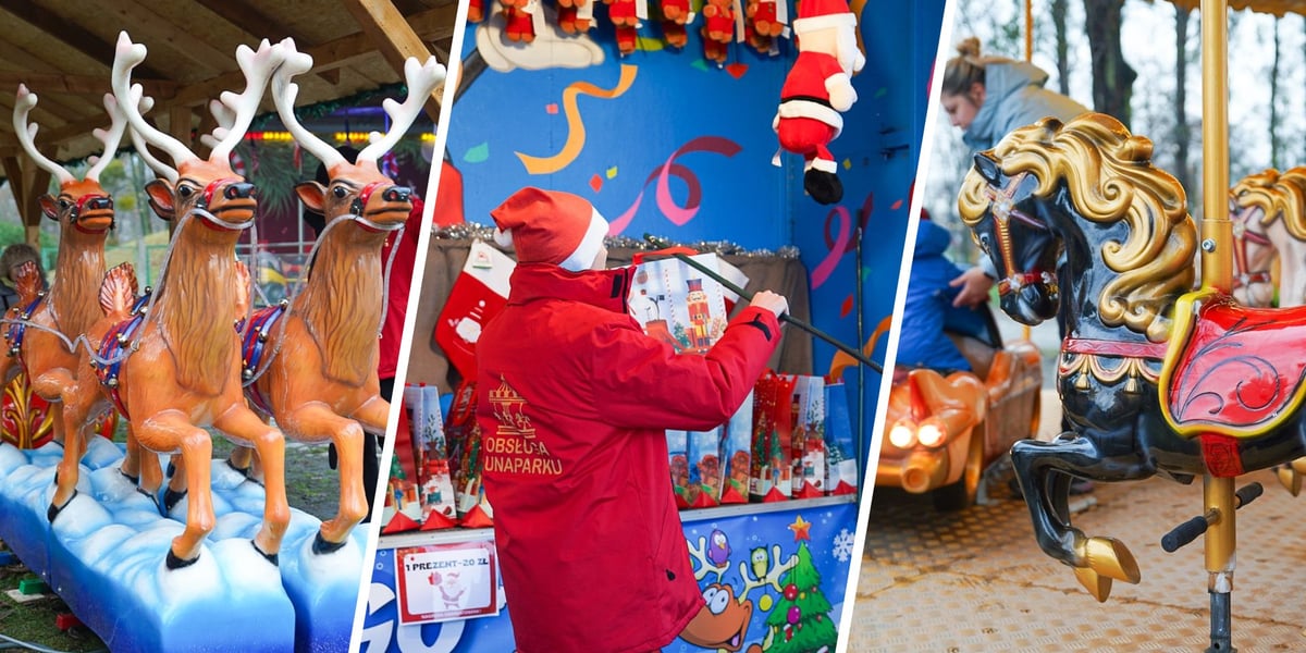 Renifery zabawkowe, osoba w czapce mikołaja i sztuczny koń w karuzeli na jarmarku na Partynicach (6 grudnia 2025)