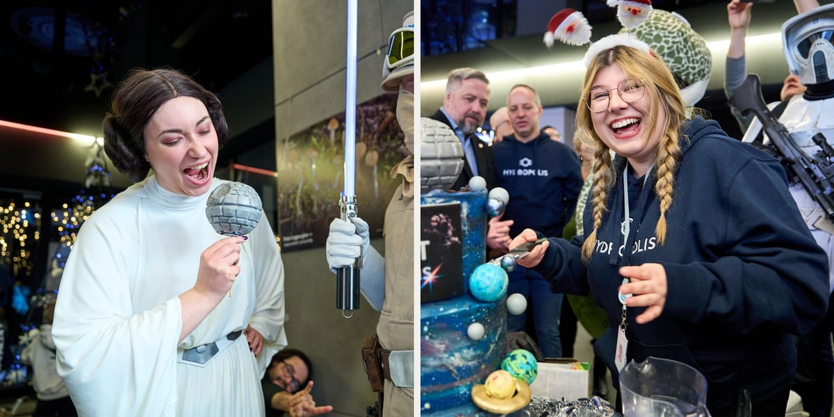 Kobieta przebrana za księżniczkę Leię z Gwiezdnych Wojen | roześmiana dziewczyna z Hydropolis krojąca tort (6 grudnia 2025)