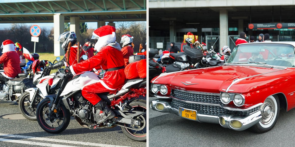 Mikołaj na motocyklu, czerwone auto marki Cadillac, start Moto Mikołajów pod stadionem (7 grudnia 2025)