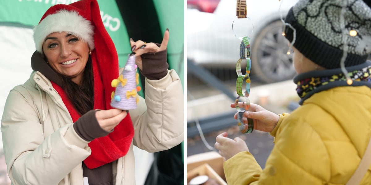 Zdjęcie dzielone na pół: od lewej kobieta w czapce mikołajowej z upcyclingową ozdobą; po prawej dziecko w trakcie sklejania łańcucha papierowego.