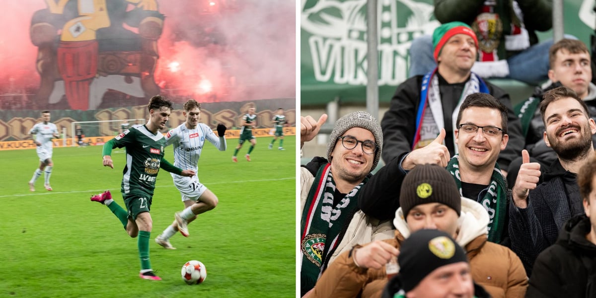 Zdjęcie dzielone na pół: po lewej stronie dwaj piłkarze w trakcie gry na boisku. Mecz Śląsk Wrocław - Stal Rzeszów; po prawej - kibice na trybunach na Tarczyński Arena.