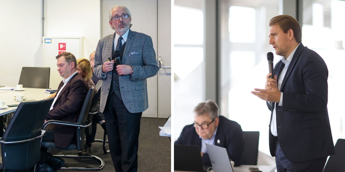 Zdjęcie dzielone na pół: z lewej prof. Jerzy Korczak (stoi), autor projektu ustawy ws. WrOM i statutu związku; po prawej - Łukasz Kropski, burmistrz Siechnic w trakcie dyskusji.
