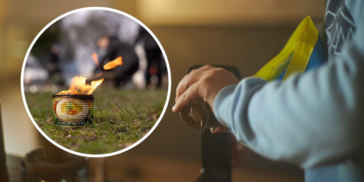 W tle wolontariusz produkujący świecę okopową. W kółku paląca się świeca okopowa.