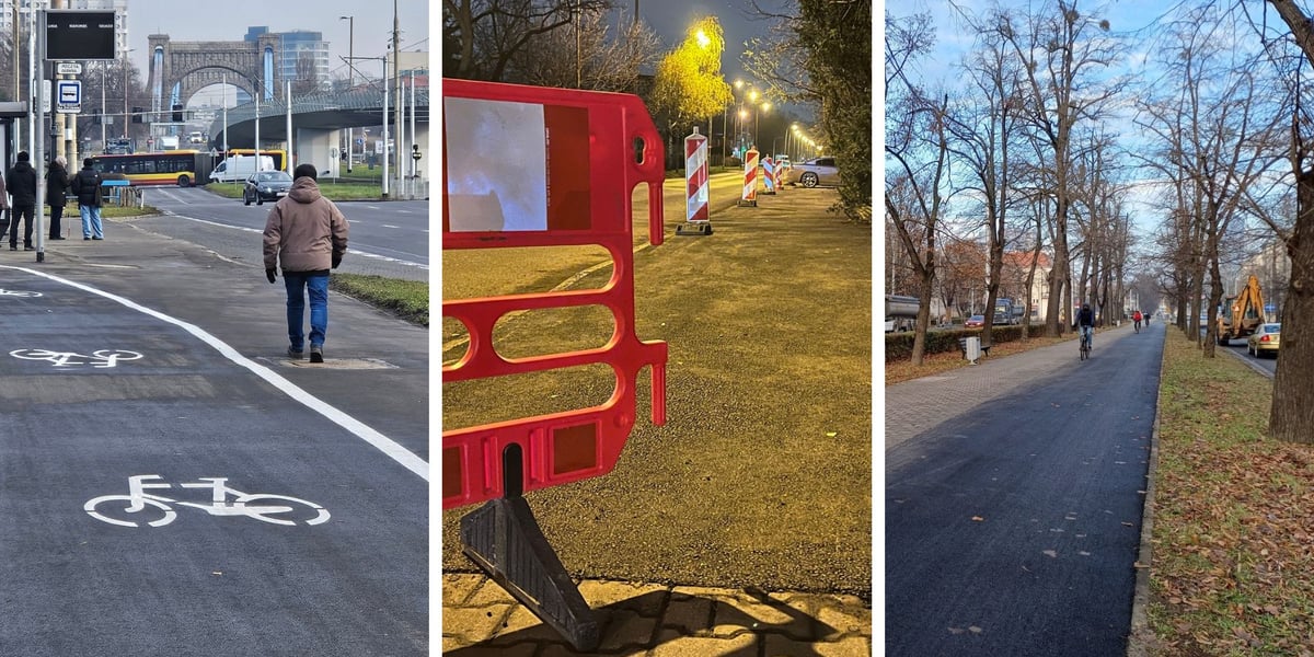 Zdjęcie podzielone na trzy części: z lewej - piesi idący wyremontowanym chodnikiem obok odnowionej ścieżki rowerowej na pl. Społecznym; w środku - barierka słupki odgradzające remontowany chodnik na ul. Skarbowców; z prawej - wyremontowana ścieżka rowerowa na ul. Powstańców Śląskich. 