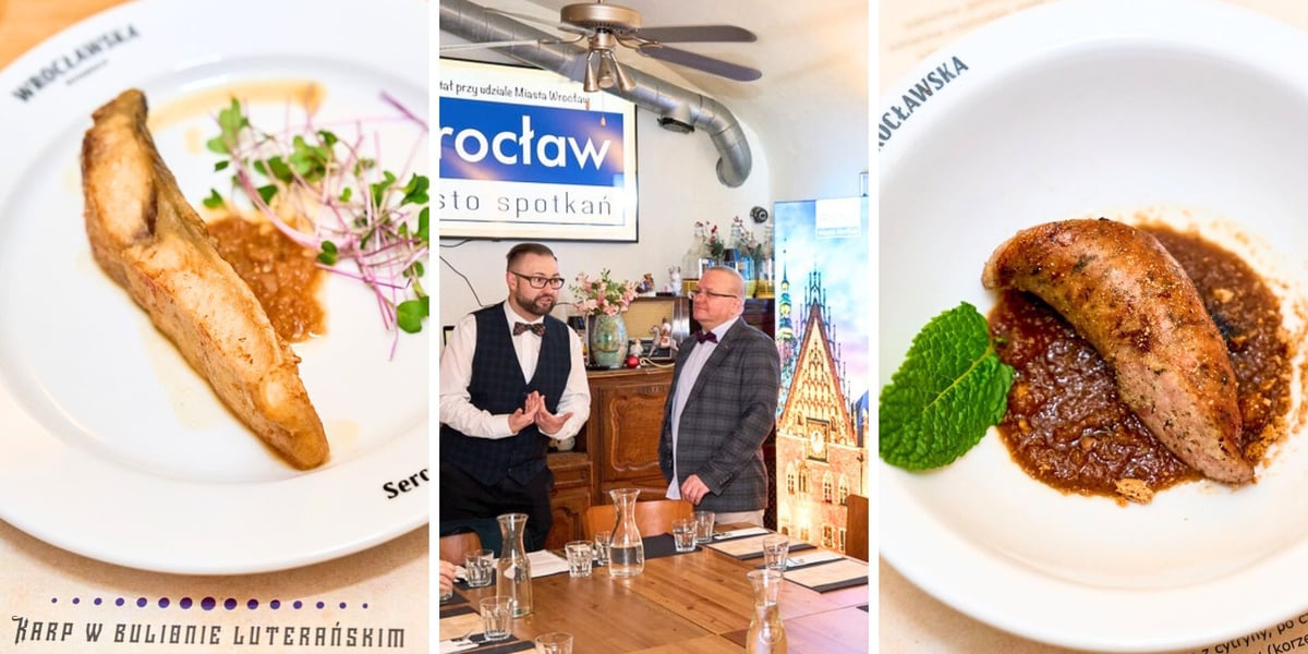 Pierwsze zdjęcia z lewej – karp w bulionie luterańskim, w środku prowadzący warsztaty dr Tomasz Sielicki i dr Grzegorz Sobel, z prawej na zdjęciu potrawa Dumny Henryk