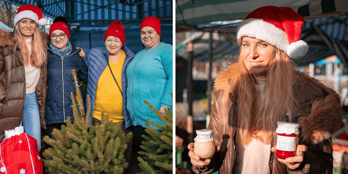 Zestawienie 2 zdjęć. Z lewej: 4 sprzedawczynie z minitargowiska Lotnicza: Joanna Sajdak, Jolanta Tokarska, Jadwiga Kawat i Justyna Ambroży w świątecznych czapkach z czerwonym workiem z podobizną św. mikołaja. Z prawej 1 sprzedawczyni 
