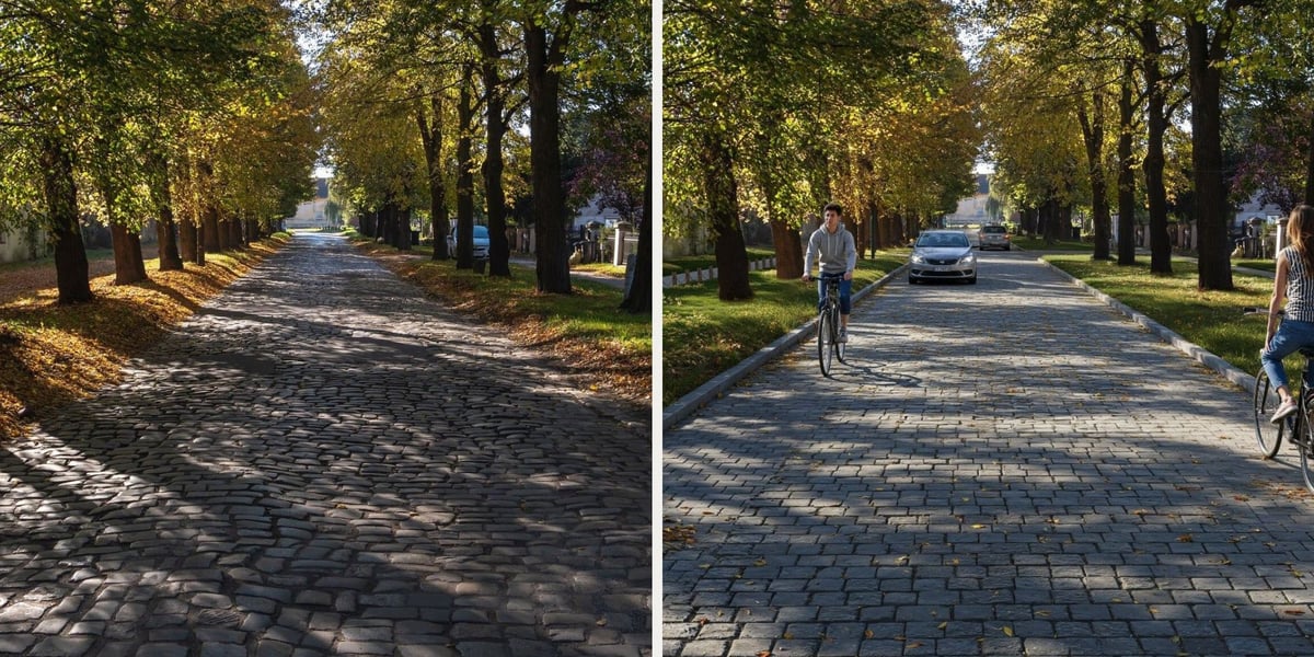 Po lewej stronie ulica Pawia na zdjęciu, po prawej wizualizacja ulicy po remoncie 