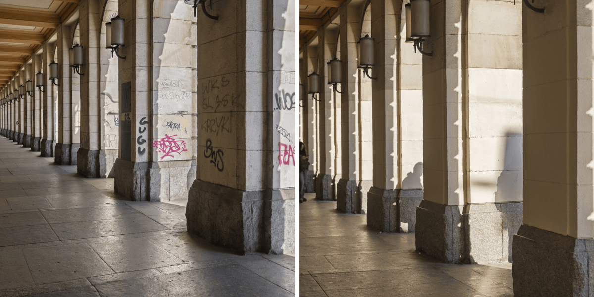 Kolaż 2 zdjęć. Po lewej podcienia zabazgrane gryzmołami, po prawej wyczyszczone i zabezpieczone przed kolejnymi grafitti