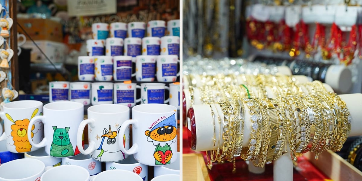 Po lewej: kubki z obrazkami, po prawej: złota biżuteria