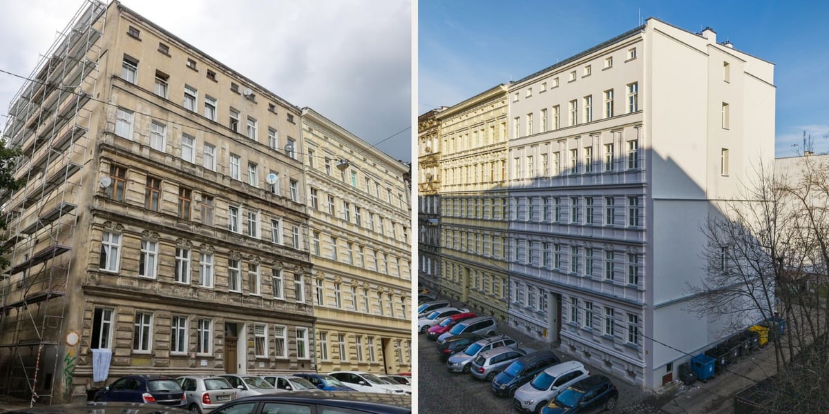 Kamienica Więckowskiego 5 w trakcie i po remoncie elewacji. Widać także wcześniej odnowioną kamienicę 3