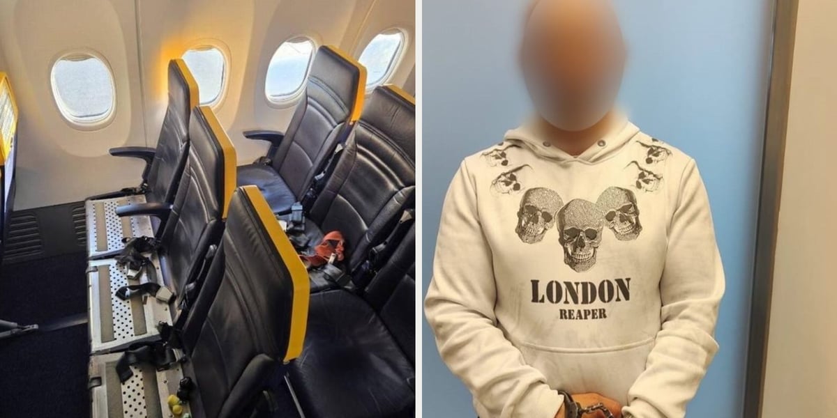 Pokład samolotu, zatrzymany mężczyzna w kajdankach. 45-latek z kokainą zatrzymany na wrocławskim lotnisku