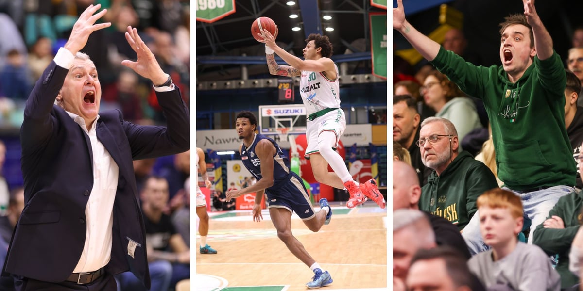 Zdjęcie podzielone na trzy części: od lewej mężczyzna w garniturze krzyczy ze wzniesionymi do góry rękami - trener koszykarzy podczas meczu, w środku - dwóch zawodników na parkiecie - koszykarz Śląska w wyskoku z piłką; po prawej - kibice na trybunie - stojący mężczyzna krzyczy z podniesionymi do góry rękami. 