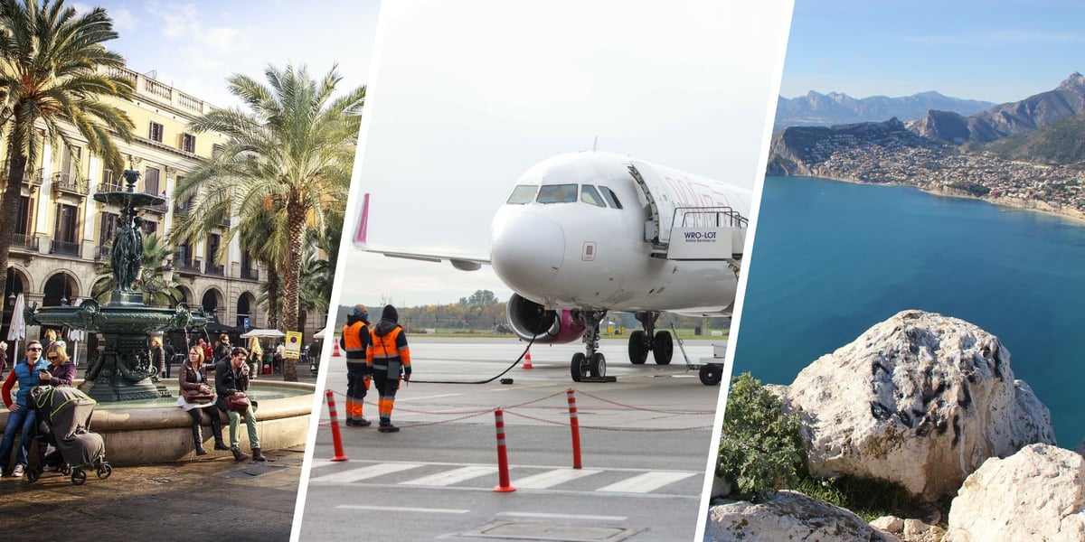 Plac w Barcelonie, samolot na płycie lotniska we Wrocławiu, morze w Alicante