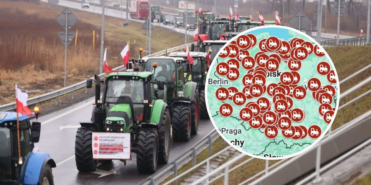 Na zdjęciu traktory jadące ulicami Wrocławia w ramach strajku (zdjęcie archiwalne ilustracyjne). W kółeczku mapa Polski z oznaczeniami punktów, gdzie zaplanowano strajk rolników 30 grudnia 2025 r.