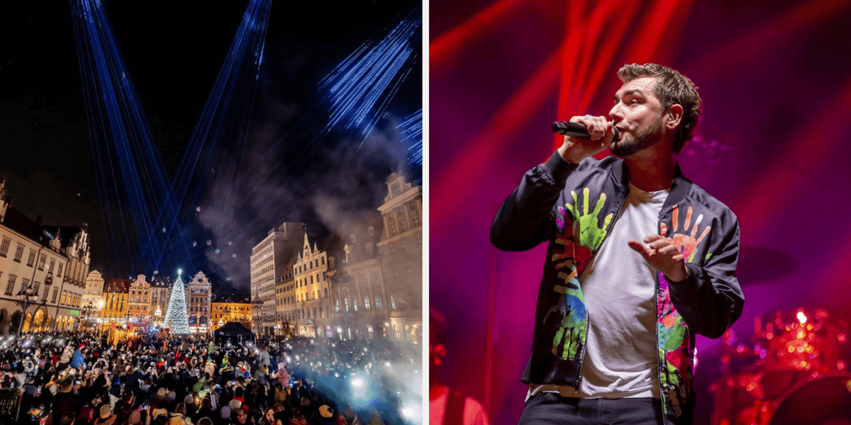 Zestawienie dwóch zdjęć: z lewej "Światełko do nieba" podczas 33. Finału WOŚP we wrocławskim Rynku i publiczność, z prawej Kamil Bednarek