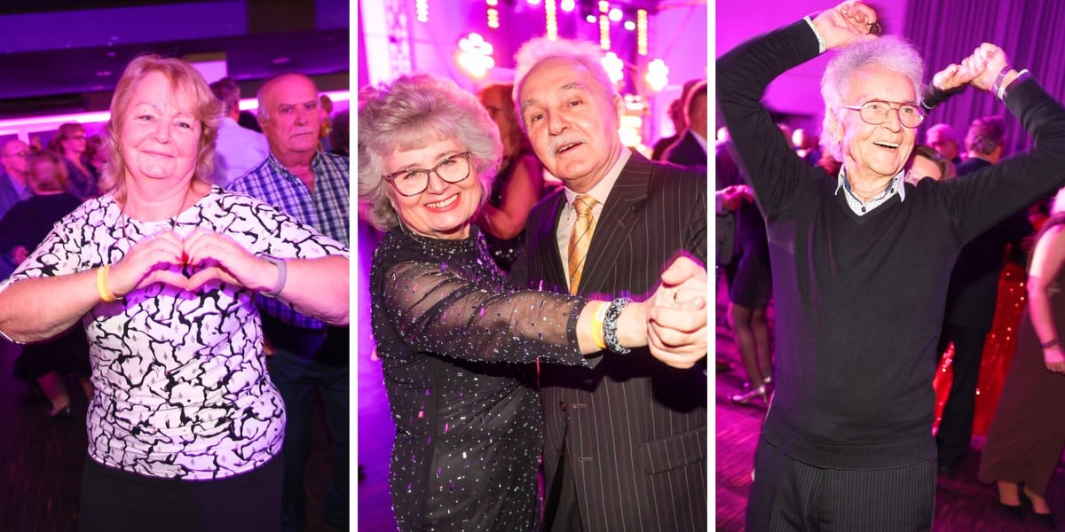 Na trzech zdjęciach tańczący seniorzy-goście Balu Seniora na Tarczyński Arena w niedzielę 28 grudnia