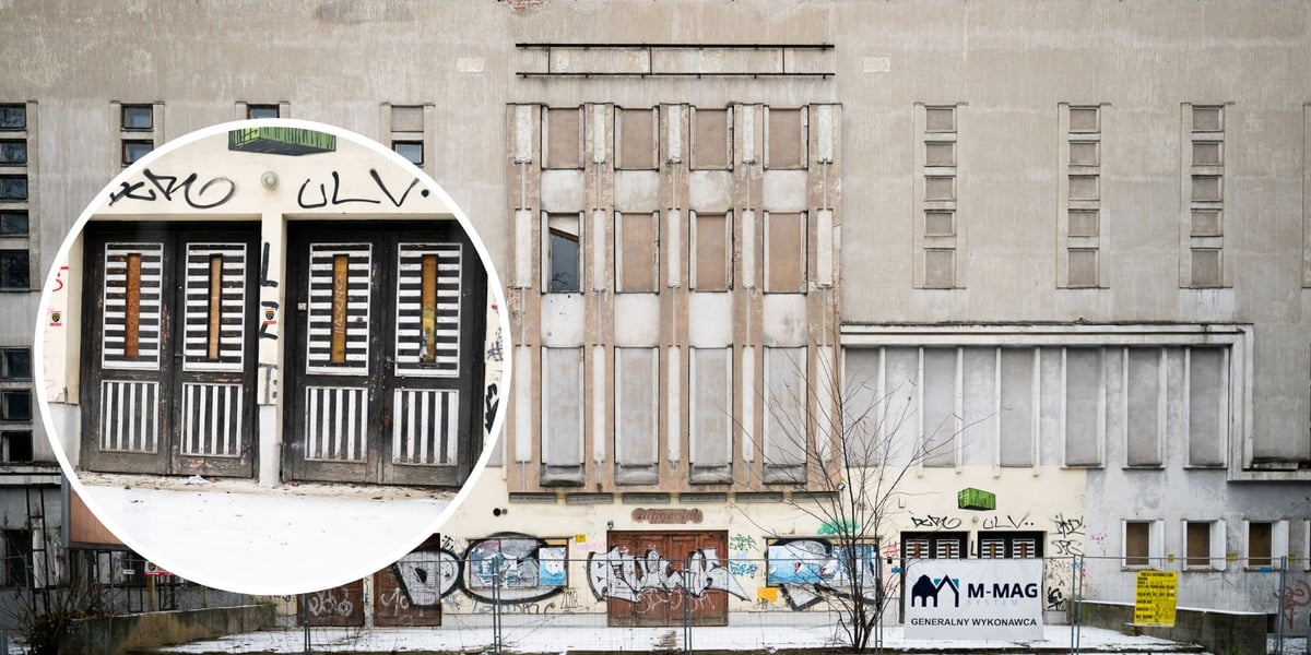 Na dużym zdjęciu obecny widok budynku dawnego Kina „Lwów” przy Hallera 15, na małym zdjęciu drzwi wejściowe 