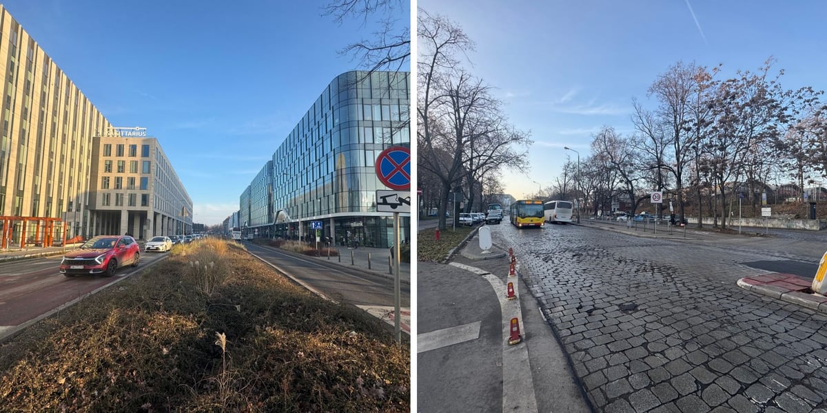 Zdjęcie podzielone na pół: po lewej - widok na ul. Suchą od strony skrzyżowania z ulicą Borowską; po prawej - widok na brukowany fragment ul. Suchej od strony skrzyżowania z Hubską i Dyrekcyjną.
