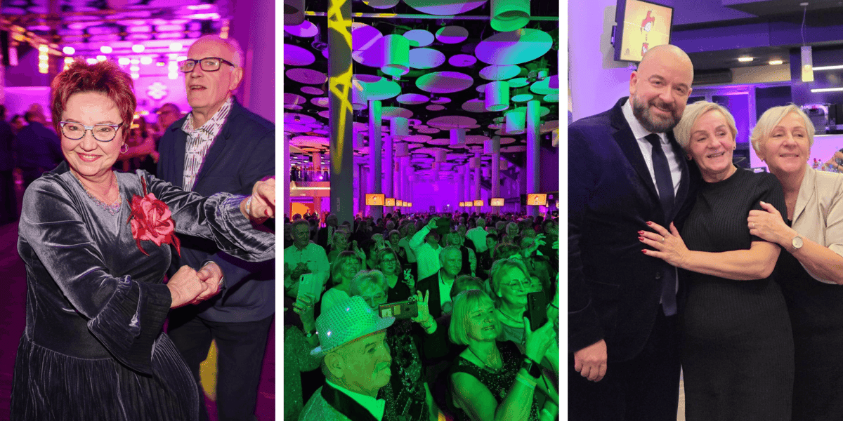 Kolaż 3 zdjęć przedstawiających Bal Seniora Przedsylwestrowy, który odbył się w poniedziałek 29 grudnia na stadionie Tarczyński Arena Wrocław. Na zdjęciach uczestniczy, z prawej pozują z prezydentem Jackiem Sutrykiem