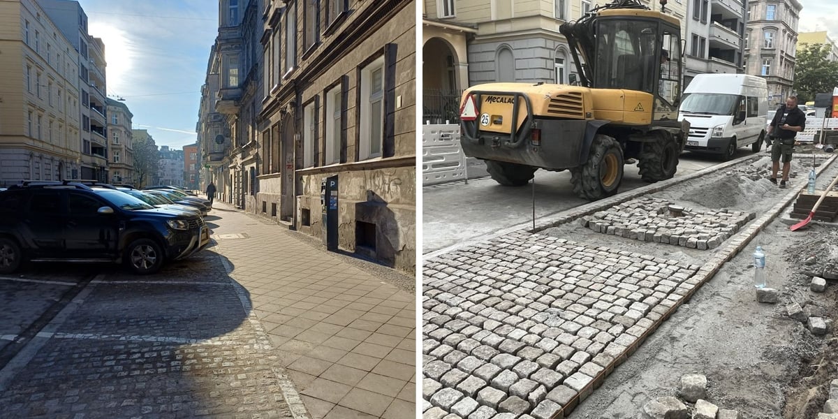 Zdjęcie podzielone na pół: z lewej - samochody zaparkowane przy chodniku - wyremontowany fragment trotuaru na ul. Dąbrowskiego; po prawej - ładowarka i robotnik na placu budowy - remont chodnika i miejsc parkingowych na ul. Dąbrowskiego.