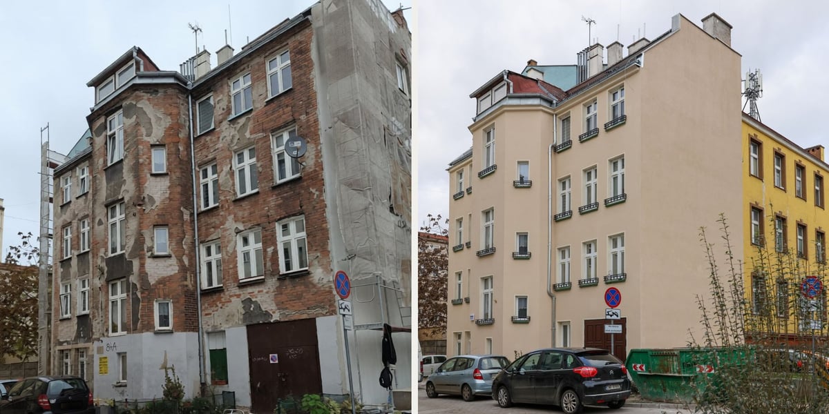 Metamorfoza oficyny kamienicy przy ul. Komuny Paryskiej 84a - z lewej zdjęcie przed remontem, z prawej po