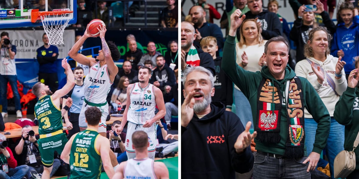 Zdjęcie dzielone na pół: z lewej - kilku zawodników w wyskoku pod koszem - spotkanie Śląsk Wrocław - Zastal Zielona Góra; po prawej mężczyzna na trybunie z podniesioną w górę ręką z szalikiem Śląska Wrocław - kibice cieszą się z wygranego meczu.