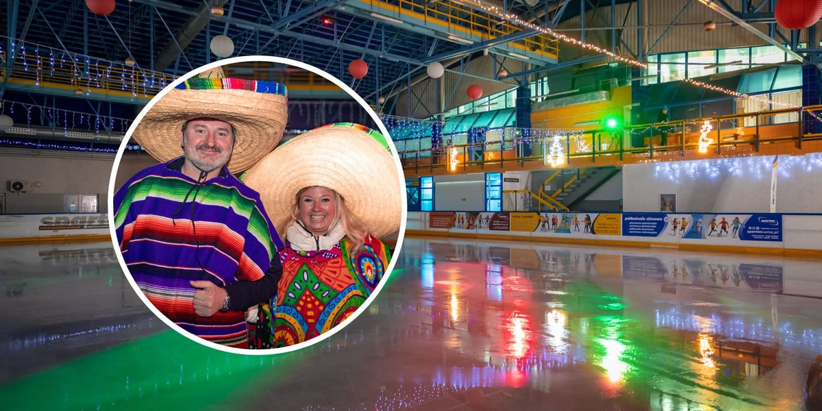 W tle - lodowisko Orbita przy ul. Wejherowskiej w karnawałowym oświetleniu. W kółku - kobieta i mężczyzna w meksykańskich strojach.