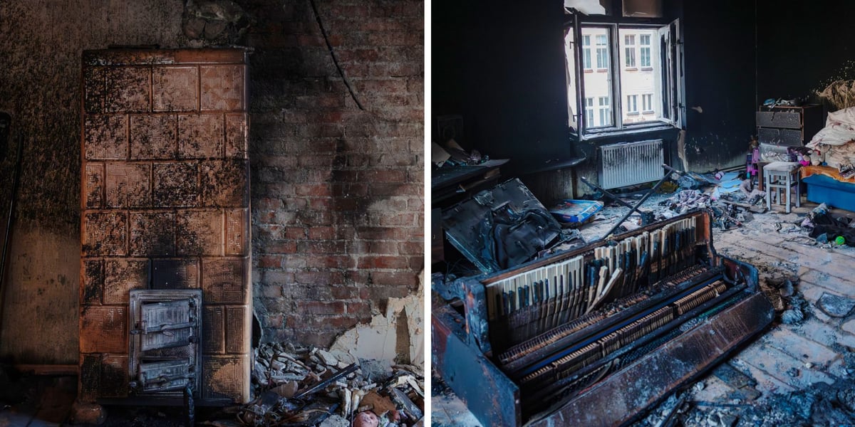Zdjęcie dzielone na pół: po lewej - spalony piec i część ściany w mieszkaniu po pożarze; po prawej - spalone pianino i wnętrze mieszkania - pożar mieszkania w kamienicy na ul. Drzewnej.