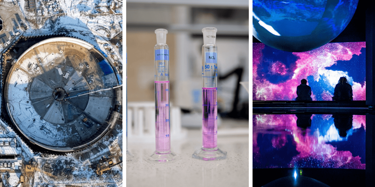 Kolaż 3 zdjęć: rozbudowa Wrocławskiej Oczyszczani Ścieków, laboratorium, w którym bada się jakość wody, Hydropolis