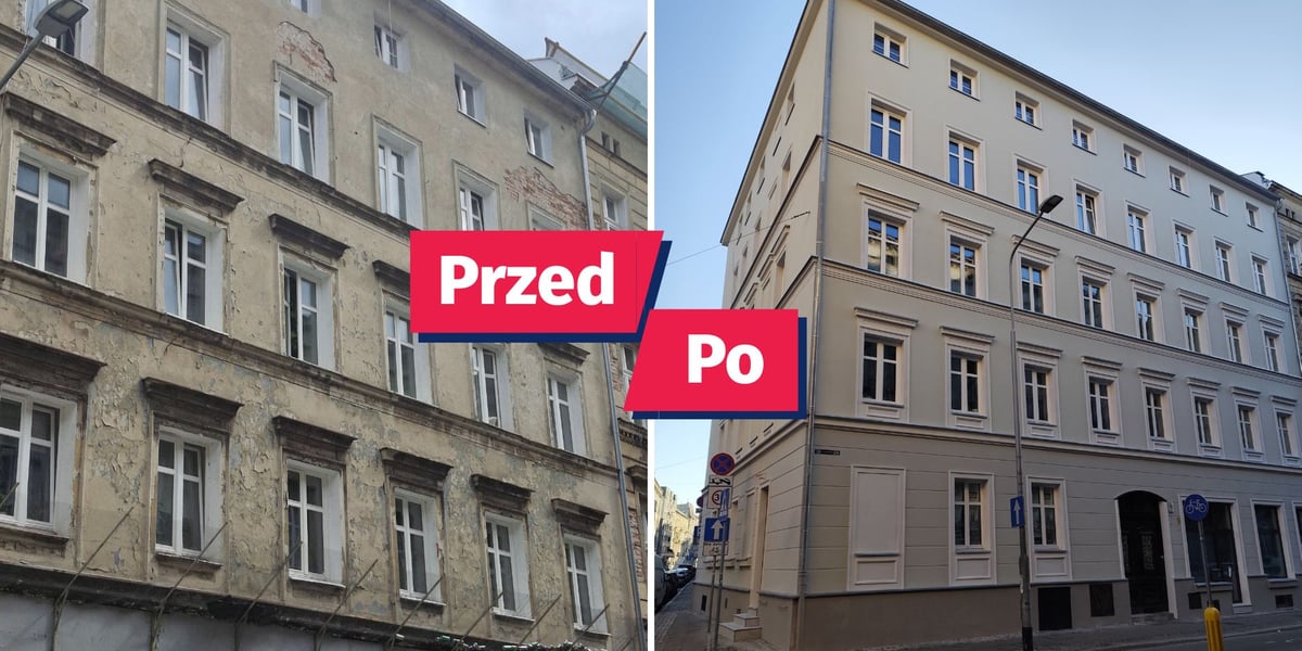 Kamienica przy ul. Dworcowej 10 na Przedmieściu Oławskim - z lewej zdjęcie przed remontem elewacji, z prawej po