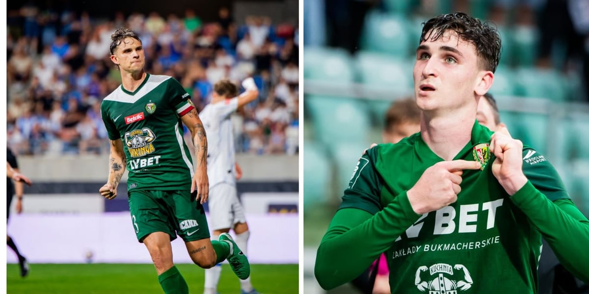 Zdjęcie podzielone na pół: z lewej - piłkarz biegnący po boisku - Seweryn Szota, dotychczasowy kapitan Śląska Wrocław; po prawej - zbliżenie na piłkarza pokazującego herb klubowy na koszulce - Jakub Jezierski - wychowanek Śląska Wrocław.