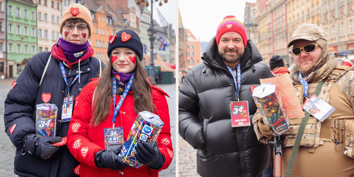 Zestawienie dwóch zdjęć: z lewej wolontariusz i wolontariuszka z puszkami WOŚP 2026, obok prezydent Wrocławia Jacek Sutryk i wolontariusz WOŚP