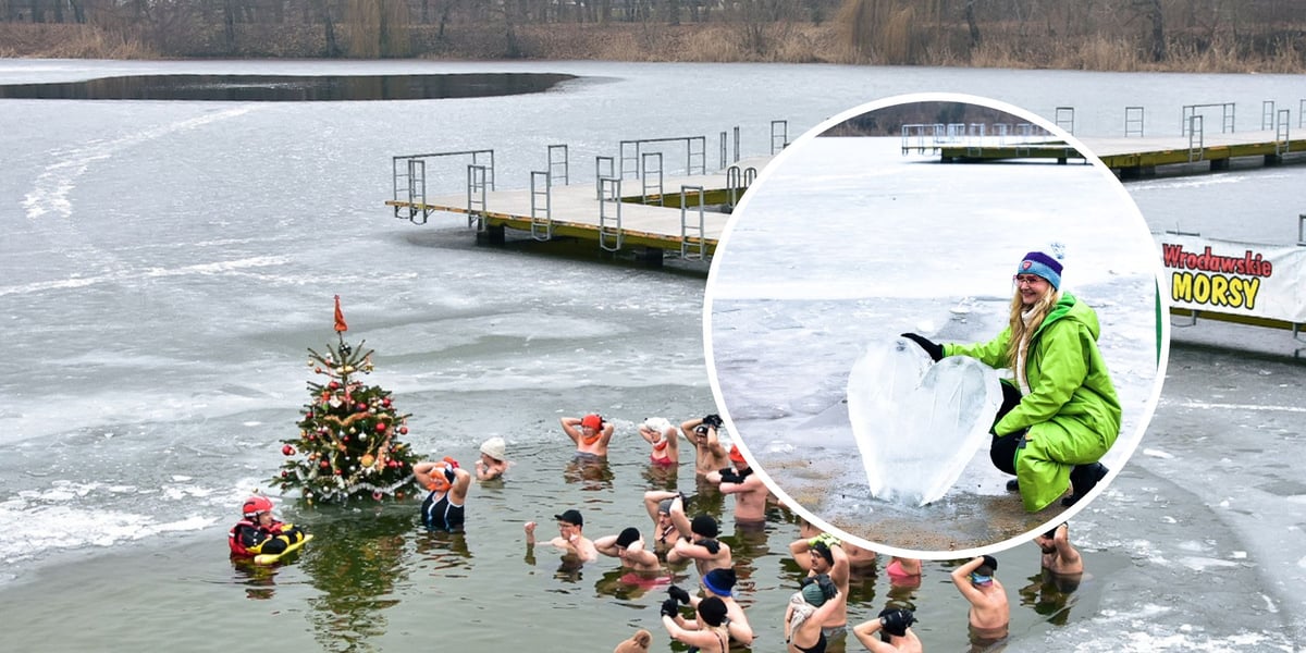 W tle: Wrocławskie Morsy kąpiące się w przerębli na kąpielisku Morskie Oko. W kółku: kobieta w zielonym kombinezonie kucająca przy wielkim sercu wykutym z lodu.