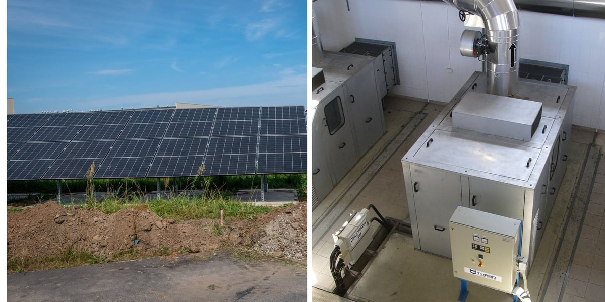 Zdjęcie podzielone na pół: z lewej - farma fotowoltaiczna na terenie zakładu Mokry Dwór; po prawej - wnętrze budynku stacji dmuchaw  w oczyszczalni na Janówku.